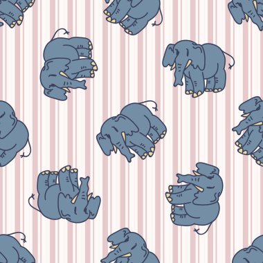  Şirin Fil Vektör Şekilleri. Çizgili arka planı olan Safari Hayvanları. El işi cinsiyet ayrımı olmayan bebek, çocuk odası dekoru. Her yerde Kawaii Hayvanat Bahçesi Ailesi var. Vektör Eps 10