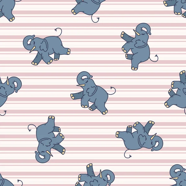 Kawaii tecknade Elephant sömlöst mönster. Söt safari djur bakgrund. Handritat barn motiv illustration klotter i platt färg på check bakgrund. EPS 10. — Stock vektor