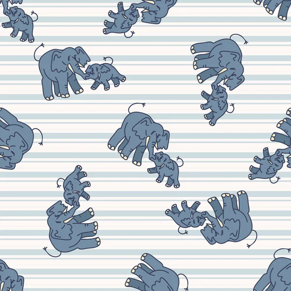 Kawaii dessin animé éléphant motif sans couture. Fond animal safari mignon. Illustration motif enfant dessinée à la main gribouille en couleur plate sur fond rayé bleu. SPE 10 . — Image vectorielle