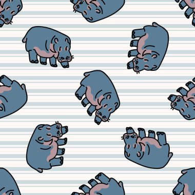 Kawaii çizgi filminde su aygırı kusursuz desen. Güzel bir safari hayvan geçmişi. El çizimi çocuk motifi çizimi. Hesap arkaplanına düz renkli karalama. EPS 10.