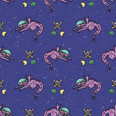 Şirin astronot mor ejderha çizgi filmindeki kusursuz vektör deseni. El çizimi uzay fantezi fayansları. Gezegen ve galaksi arkaplanındaki yıldız blogu için her yerde. Evren ev dekoru EPS 10.