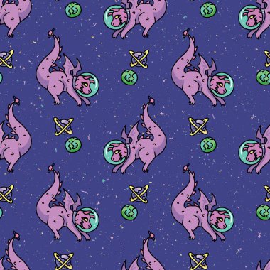 Şirin astronot mor ejderha çizgi filmindeki kusursuz vektör deseni. El çizimi uzay fantezi fayansları. Gezegen ve galaksi arkaplanındaki yıldız blogu için her yerde. Evren ev dekoru EPS 10.