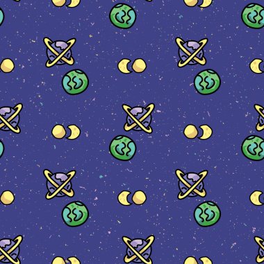 Şirin kozmik arkaplan kusursuz vektör deseni. El yapımı galaksi karikatürü, gezegenler, moda baskıları için yıldızlar. Çocuk odası dekoru, çocuklar için evren gezisi arka planı. Her yerde güneş sistemi var..