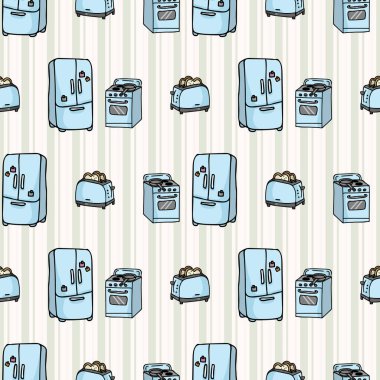 Şirin buzdolabı ve kusursuz fırın deseni. Ev aletleri için el yapımı mutfak gereçleri. Çizgili mutfak ve soğuk buzdolabının her yerinde parmak izi var. Ev yemeği ekipmanları. 