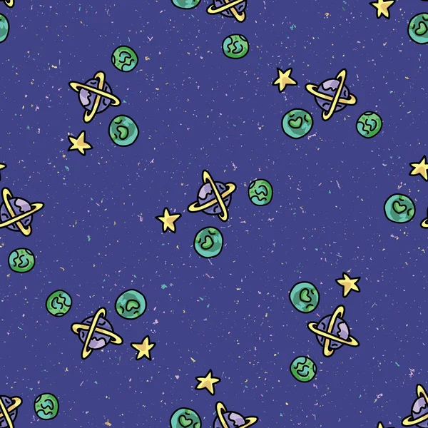 Cute scattered cosmic space background seamless vector pattern. Hand drawn galaxy cartoon, planets, stars for trendy fashion prints. Child room decor, kids universe travel backdrop. All over print. — Stock Vector