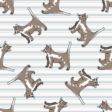 Sevimli kedicik kusursuz vektör deseni. Kedi sevici illüstrasyonu için el çizimi kedi yavrusu. Çizgili arka planda evcil hayvan salonu için hayvan barınağı. Kedicik taşı. 