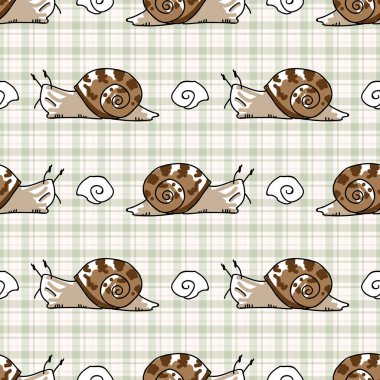 Kabuğu dikişsiz vektör desenli sevimli çizgi film sümüklü salyangozu. Avlu çizimi için el yapımı kaygan sümüklü böcek. Arka planında kabuk olan Gastropod parmak izi var. Spiral omurgasız fayans. 