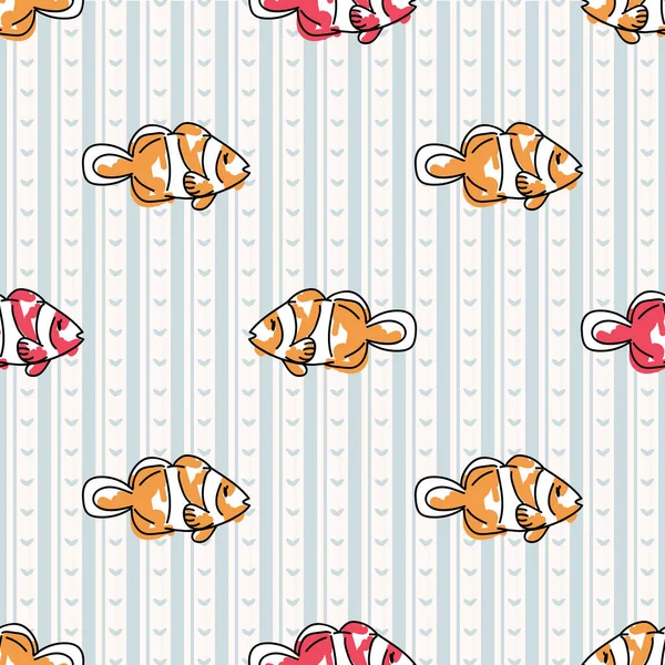 Χαριτωμένο καρτούν δύο clownfish αδιάλειπτη διάνυσμα μοτίβο. Χέρι που αλιεύονται ψάρια Sealife για τη θαλάσσια απεικόνιση του ωκεανού. Τροπική φώκια σε ριγέ φόντο σε όλο το αποτύπωμα. Υποθαλάσσια άγρια πλακίδια. — Διανυσματικό Αρχείο