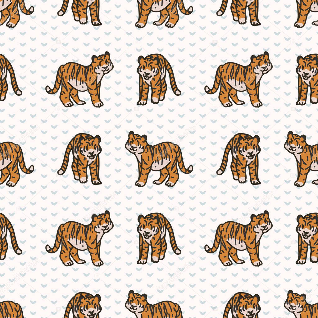 Cute two tiger seamless vector pattern. Hand drawn striped big cat for safari jungle illustration. Bengal tiger on stripe background all over print. Wildcat tile. 