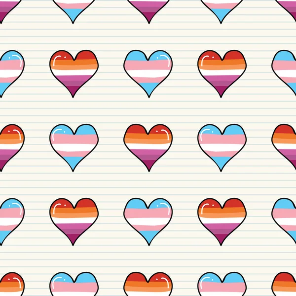 Leuke transgender lesbische hart cartoon naadloze vector patroon. Handgetekende geïsoleerde trots vlag voor LGBTQ blog. gay liefde op streep achtergrond alle over afdrukken. Vrouwelijke geslacht gemeenschap tolerantie tegel. — Stockvector