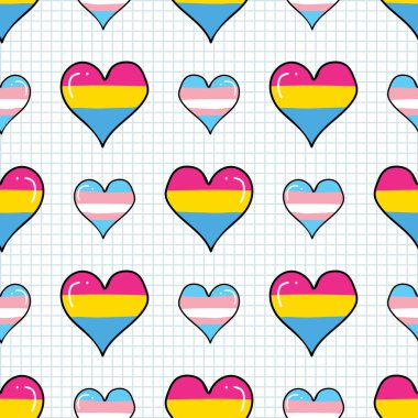 Sevimli transseksüel panseksüel kalp çizgi filmi kusursuz vektör deseni. LGBTQ blogu için el yapımı izole gurur bayrağı. Çizgili arka planda eşcinsel aşkı her yerde. Topluluk dayanıklılığı taşı. 