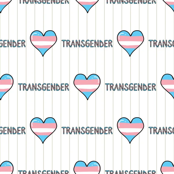 Jantung transgender lucu dengan teks kartunnya berbentuk vektor tak bergambar. Tangan digambar mengisolasi bendera kebanggaan untuk blog LGBTQ. Cinta gay pada latar belakang garis-garis seluruh cetak. Ubin toleransi komunitas gender. - Stok Vektor