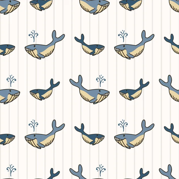 Mignon baleine marine et veau dessin animé motif vectoriel sans couture. Aquatic life biology humpback whale for childrens kawaii illustration. Sealife partout imprimer sur fond de vérification. Enfants mammifère océanique . — Image vectorielle