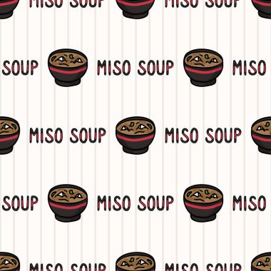 Kawaii miso çorbası ve Japon yemeği kusursuz vektör desenli. Nori ve tofulu el yapımı oryantal ramen. Çizgili arka planda deniz yosunu çorbası var. Asya tarifi.