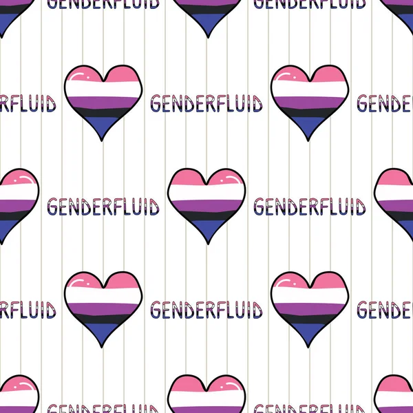 Cute genderfluid dengan teks jantung kartun seamless vektor pola. Tangan digambar mengisolasi bendera kebanggaan untuk blog LGBTQ. Latar belakang stripe transgender di seluruh media cetak. Ubin toleransi komunitas gender. - Stok Vektor