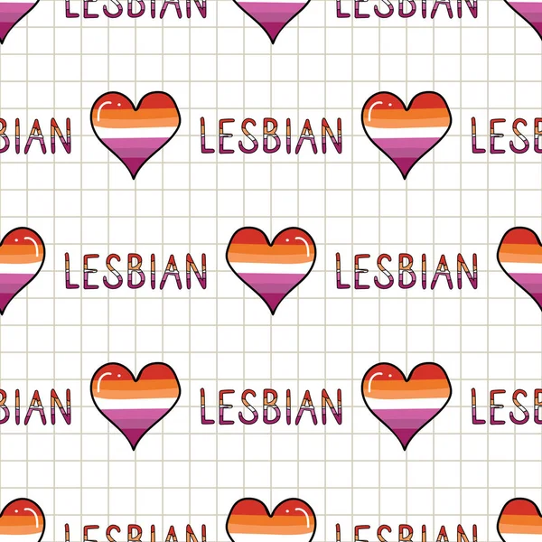 Hati lesbian lucu dengan teks kartun pola vektor mulus. Tangan digambar mengisolasi bendera kebanggaan untuk blog LGBTQ. Cinta gay pada latar belakang garis-garis seluruh cetak. Ubin toleransi masyarakat perempuan. - Stok Vektor