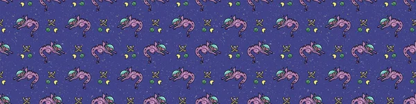 かわいい宇宙飛行士紫龍漫画シームレスベクトル境界線。手描きの空間ファンタジータイル。銀河系の背景にある惑星や星のブログのためのすべての印刷上。宇宙の家の装飾EPS 10. — ストックベクタ