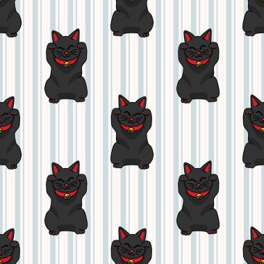 Kawaii altın şanslı koruma kedisi kusursuz vektör deseni. El çizimi Asyalı geleneksel maneki nekosu. Çizgili arka planda doğulu para cazibesi. 