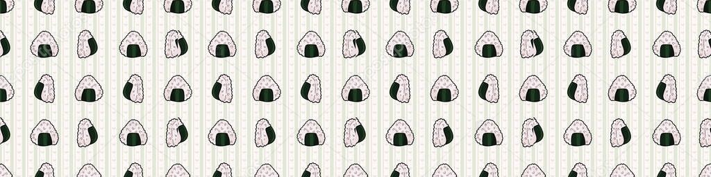 Kawaii rice ball seamless vector border. Hand drawn oriental seaweed roll onigiri. cute Japanese snack all over print. Asian recipe on stripe background. 