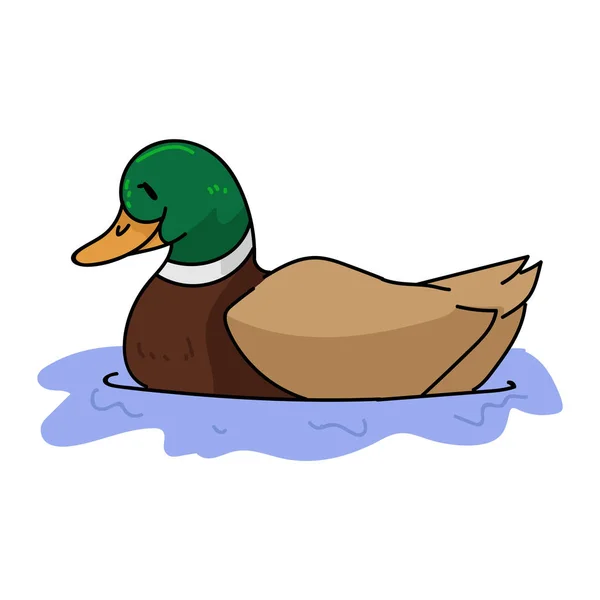 Lindo pato mallard de dibujos animados en el clipart del vector del estanque. Fauna silvestre aves acuáticas para los amantes de la naturaleza. Diversión estilizada niños naturaleza pájaro ilustración. Pájaro emplumado aislado. EPS 10 . — Vector de stock