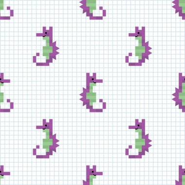  Sevimli karikatür 8bit denizatı kusursuz vektör deseni. Okyanus yaban hayatı hayvanı. Her yerde hipokampüs pikseli resimleri var. Çizgili arkaplanda video oyunu retro illüstrasyonu. 