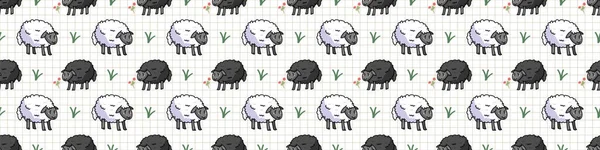 Bonita oveja blanca y negra en el campo de dibujos animados sin costuras frontera vectorial. Ganado de agricultura dibujado a mano. Animal de granja con flores por todo el estampado en el fondo del cheque. Fondo de la oveja lanuda . — Archivo Imágenes Vectoriales