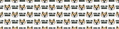 Kawaii shiba inu cinsi, onigiri yazılı, Japon pirinci dikişsiz vektör sınırı. El yapımı oryantal yosun rulosu pirinç topu. Her yerde tatlı bento yemeği var. Çizgili arka plandaki köpek. 
