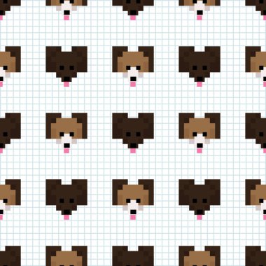Sevimli çizgi film 8bit siyah köpek kusursuz vektör deseni. Kawaii pikselli sanat köpeği. Her yerde evcil hayvan yavrusu video oyunu illüstrasyonu var. Arkaplanı kontrol et.