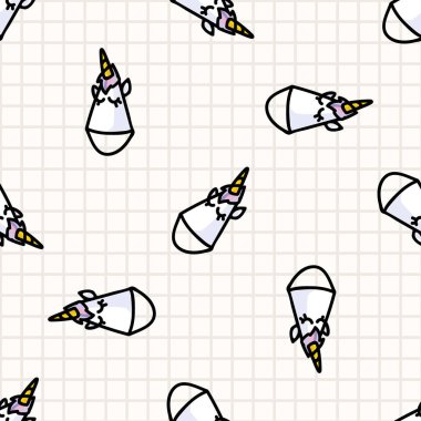 Güzel çizgi film tek boynuzlu at parti şapkası kusursuz vektör deseni. Kawaii 'nin el yapımı doğum günü partisi. Doğum günü resimli kutlama şapkası. Her yerde doğum günü resmi var. Kontrol edilen arkaplan. 