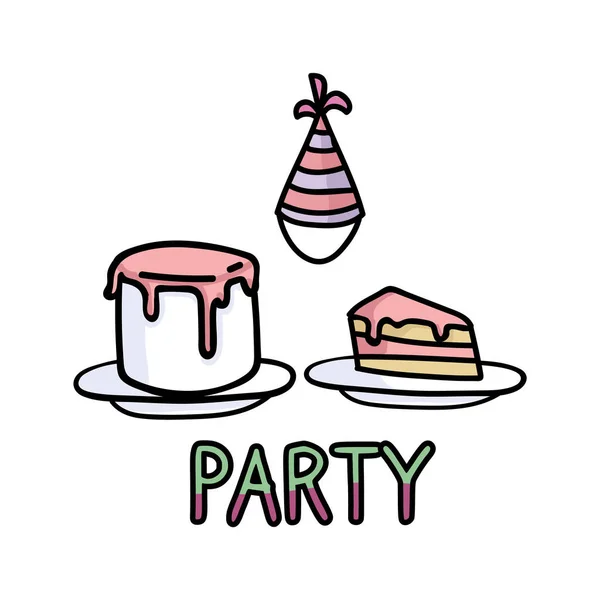 Cute cartoon party supplies set vector clipart. Kawaii hand drawn birthday party. Celebration with cake and party hat illustration. Isolated kids happy birthday EPS 10. — Stock Vector