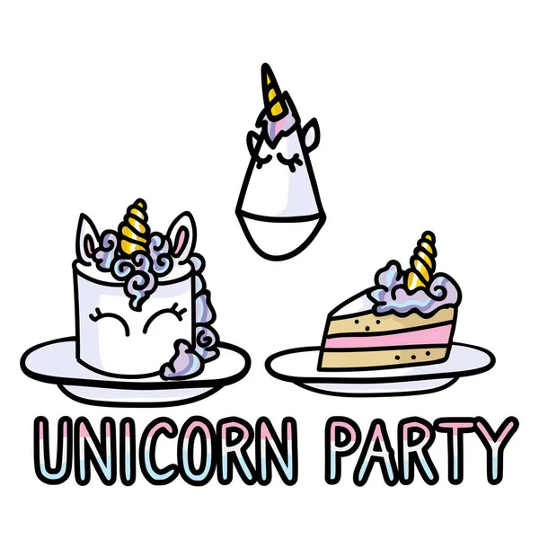 만화 유니콘 파티 공급 업체가 벡터 클럭 파트를 설정 합니다. 카와 비가 손으로 그린 생일 파티 야. 케이크와 파티 모자 그림으로 축하하기. 고립된 아이들 이 행복 한 생일을 맞다 10. — 스톡 벡터