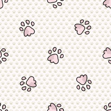 Pençesi pürüzsüz vektör desenli sevimli pembe kedi pençesi. Vahşi hayvan patisi arka planı. Baskı altındaki çocuklar için eğlenceli, vahşi bir patika. Kedi yavrusu ve evcil hayvan. EPS 10. 