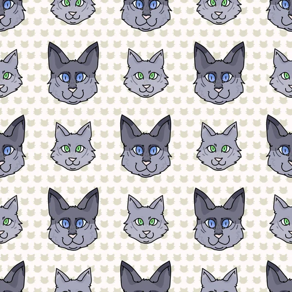 Roztomilá kreslená kočička s kočičím obličejem a hladkým vektorovým vzorem. Rodokmen kočička plemeno domácí kočka pozadí. Kočičí milovník šedé čistokrevný po celém tisku. Bezsrstý krátký EPS 10. — Stockový vektor