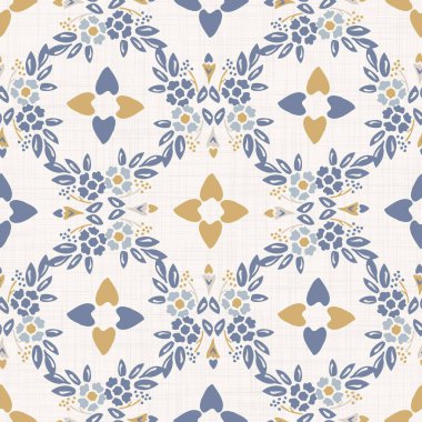 Düz papatya desenli, Fransız mavisi, pejmürde, şık bir tarzı var. El çizimi çiçek desenli kumaş. Eski beyaz mavi arka plan. İç duvar kâğıdından ev dekorasyonu örnekleri. Yazdırma üzerine süslü motif