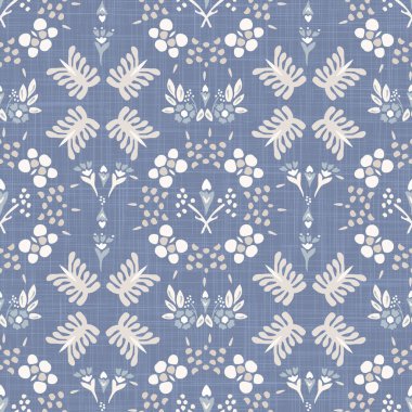 Düz papatya desenli, Fransız mavisi, pejmürde, şık bir tarzı var. El çizimi çiçek desenli kumaş. Eski beyaz mavi arka plan. İç duvar kâğıdından ev dekorasyonu örnekleri. Yazdırma üzerine süslü motif