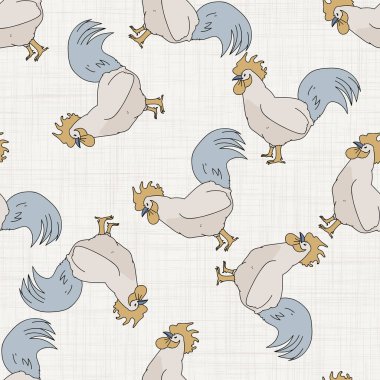 Kusursuz Fransız çiftlik evi horoz desenli. Provence keten pejmürde şık bir tarz. El çizimi rustik doku arka planı. Tavukçu tarzı duvar kağıdı ev dekoru kumaşı. Parmak izi yerine çiftlik hayvanı tekstili.