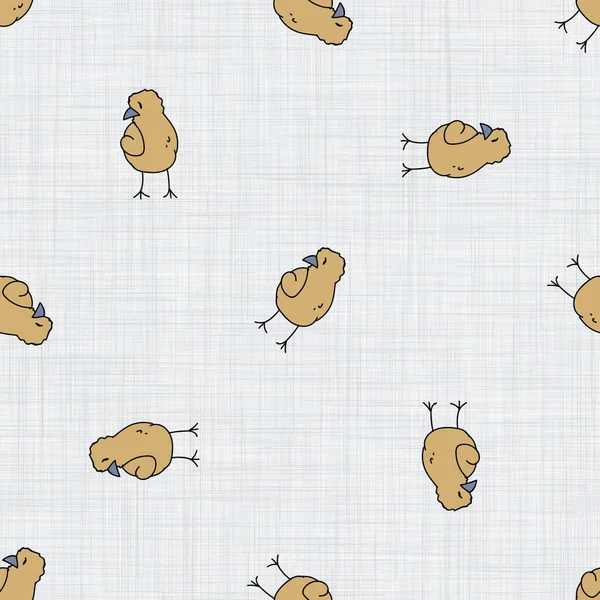 Seamless french farmhouse yellow chick pattern. Provence linen shabby chic style. Hand drawn rustic texture background. Chicken country style wallpaper home decor swatch. Farm animal textile. — Stock Vector