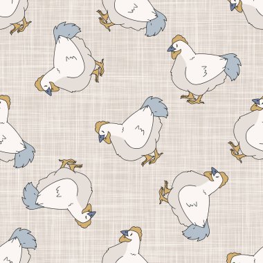 Kusursuz Fransız çiftlik evi tavuk deseni. Provence keten pejmürde şık bir tarz. El çizimi rustik doku arka planı. Tavukçu tarzı duvar kağıdı ev dekoru kumaşı. Her yerde çiftlik hayvanı tekstili var.