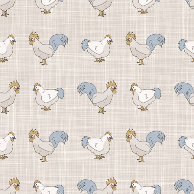 Kusursuz Fransız çiftlik tavuğu ve horoz desenli. Provence keten pejmürde şık bir tarz. El çizimi rustik doku arka planı. Tavukçu tarzı duvar kağıdı ev dekoru kumaşı. Çiftlik hayvanı tekstili.