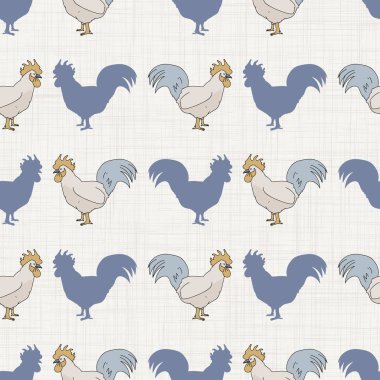 Kusursuz Fransız çiftlik evi horoz desenli. Provence keten pejmürde şık bir tarz. El çizimi rustik doku arka planı. Tavukçu tarzı duvar kağıdı ev dekoru kumaşı. Çiftlik hayvanı tekstili.