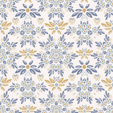 Düz papatya desenli, Fransız mavisi, pejmürde, şık bir tarzı var. El çizimi çiçek desenli kumaş. Eski beyaz mavi arka plan. İç duvar kâğıdından ev dekorasyonu örnekleri. Yazdırma üzerine süslü motif