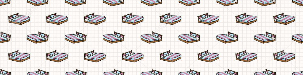 Hand drawn cute striped bed seamless vector border. Adorable bedding for relaxing sleep night time background. Cozy pink and blue mattress with duvet all over print. 