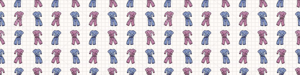 Hand drawn cute bed time pajamas seamless vector border. Adorable sleeping clothes with plaid for peaceful sleep background. Cozy pink and blue pyjama all over print. Relaxation EPS 10. 