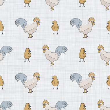 Kusursuz Fransız çiftlik evi horozu ve piliç deseni. Provence keten pejmürde şık bir tarz. El çizimi rustik doku arka planı. Tavukçu tarzı duvar kağıdı ev dekoru kumaşı. Çiftlik hayvanı tekstili