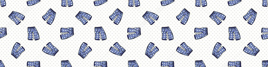 Hand drawn cute bed blue time pajama pants seamless vector border. Adorable sleeping clothes with plaid for peaceful sleep background. Cozy pink and blue pyjama all over print. Relaxation EPS 10. 