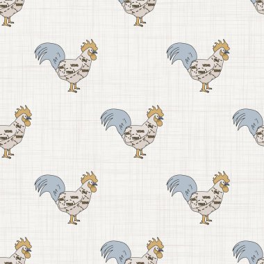 Kusursuz Fransız çiftlik evi horoz kesim şeması. Provence keten pejmürde şık bir tarz. El çizimi rustik doku arka planı. Tavukçu tarzı duvar kağıdı ev dekoru kumaşı. Çiftlik hayvanı tekstili