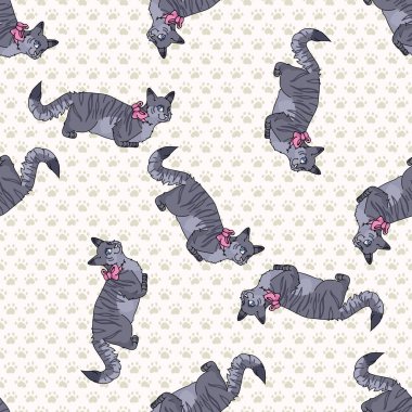 Pembe pembemsi vektör desenli şirin çizgi film kedisi. Soylu kedicik, evcil kedi soyundan geliyor. Kedi sever gri safkan her yere bulaşmış. Kılsız kısa EPS 10. 