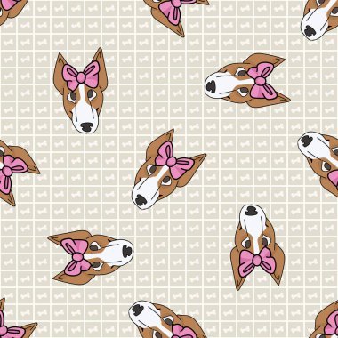 Pembe pembemsi yay desenli şirin köpek yavrusu yüzlü el çizimi. Safkan soy ağacı, arka planda evcil köpek şovu. Köpek sever köpek evcil hayvanı her yere dağılmış. Köpek kulübesi köpeği. EPS 10. 