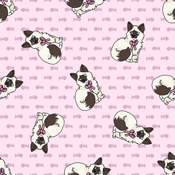 Niedliche Cartoon-Ragdoll-Kätzchen mit rosa Schleife nahtlosen Vektormuster. Pedigree Kitty Rasse Hauskatze Hintergrund. Katzenliebhaber reinrassig auf der ganzen Welt. Feline EPS 10. — Stockvektor