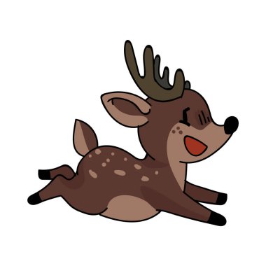 Şirin orman sıçrayan geyik vektör çizimi. Boynuzlu geyik. Çocuksu bir el çizimi. Bebek odası dekorasyonu için, boho çocuklar için moda, moda karalama ormanlık grafik tasarımı. 